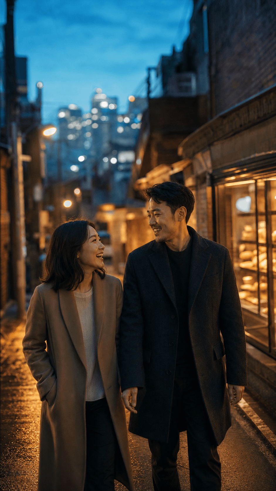 해질녘 골목을 나란히 걸으며 서로를 보고 웃는 두 사람 — Vicino 브랜드 필름의 한 장면